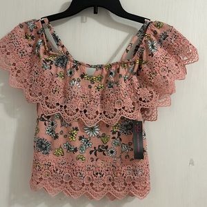 NWT No Boundaries Blush Floral Print Off Shoulder Crop Top with Lace.